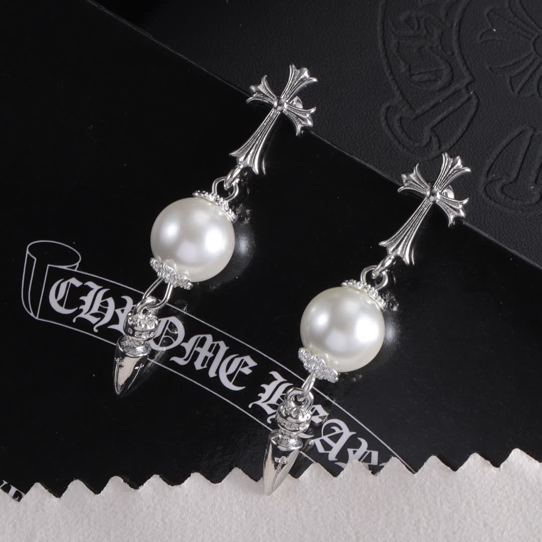 Chrome Hearts Silver Cross and Pearl Earrings